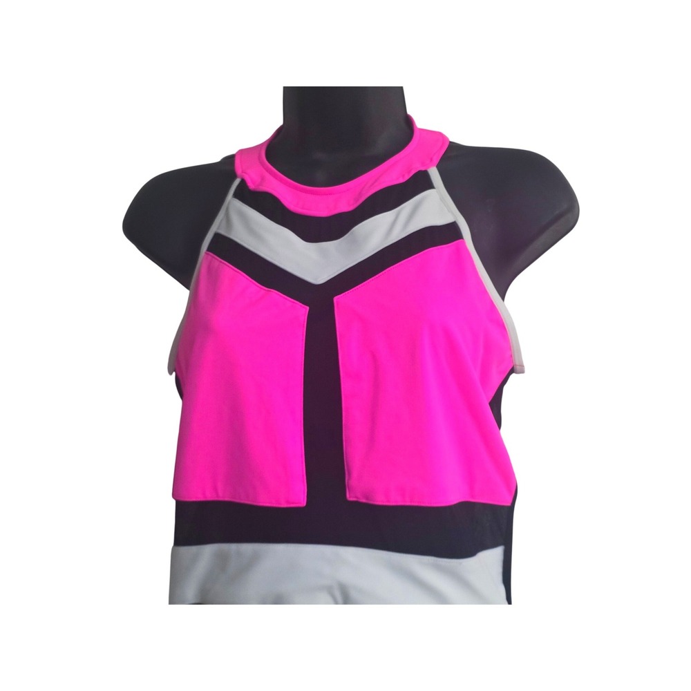 Kandi Kouture Neon Pink Black White Colorblock Dance Leotard AL High Neck Mesh - Picture 3 of 10